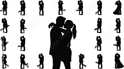 Set of romantic couple silhouettes kissing and hugging in various poses, isolated black vector illustrations for wedding invitations, valentines, and romance