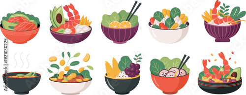 Healthy food bowl collection, colorful salad seafood fruit and rice dishes vector illustration set