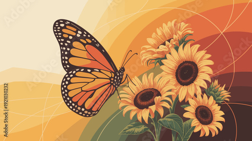A vibrant monarch butterfly perched on a bouquet of bright sunflowers against a colorful abstract background
