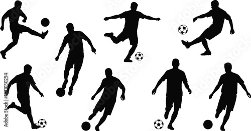 Set of soccer player silhouettes in action poses including kicking dribbling and running with ball isolated on white background vector