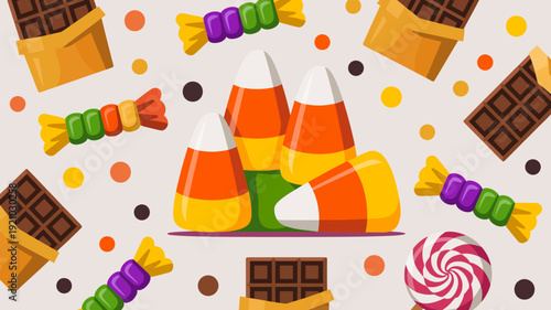 A colorful illustration of various candies and chocolates scattered on a white background
