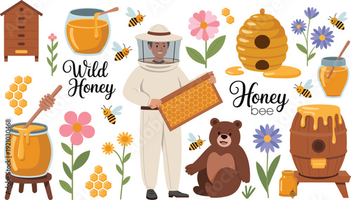 Honey production illustration set, beekeeper with hive bees flowers and wild honey jars vector collection