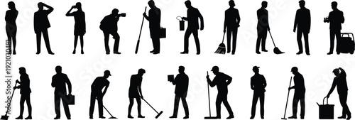 Janitor and maintenance worker silhouettes set, cleaning staff with mop broom and equipment isolated black vector collection