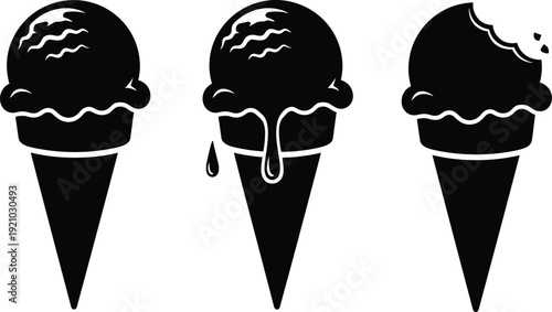 Ice cream cone vector icon set in black and white silhouette style isolated on white background for dessert, summer, and sweet food design