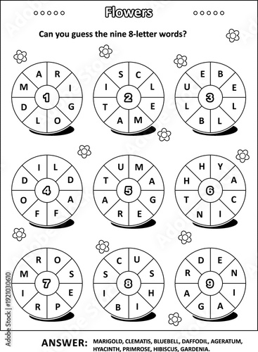 Sping or summer word puzzle (English language) with flower names written around: Can you guess the nine 8-letter words? Black and white. Answer included.
