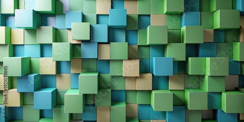 Abstract Background of Irregularly Stacked Cubes in Shades of Green and Blue