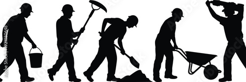 Construction workers silhouettes carrying digging wheelbarrow set, builders performing manual labor collection, industrial workforce illustration poses isolated