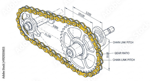 Detailed diagram of a bicycle chain and gear system with labeled components and measurements