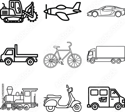 diverse transportation icons set for creative projects featuring bicycle semi truck tractor and locomotive line art