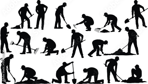 Construction workers silhouettes digging raking activity mega set, builders performing manual labor collection, industrial workforce illustration poses