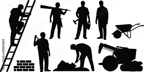 Construction workers silhouettes ladder digging machinery set, builders performing manual labor collection, industrial workforce illustration poses