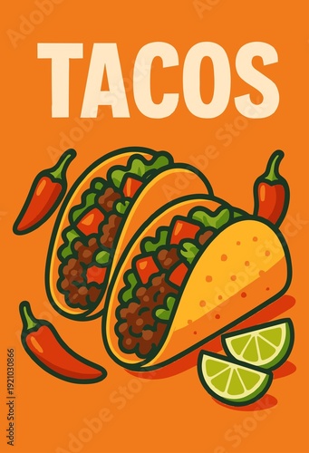 Two savory tacos filled with meat and lettuce, surrounded by chili peppers and lime wedges, vibrant illustration.