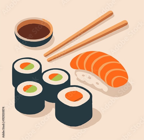 Isometric view of sushi rolls, a salmon nigiri, and soy sauce with chopsticks, clean flat illustration.