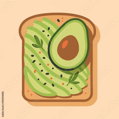 Healthy avocado toast with seeds and garnish on a light brown bread slice, simple illustration.