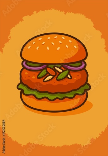 Stylized illustration of a vegetarian burger with lettuce, tomato, and purple onion on an orange background.