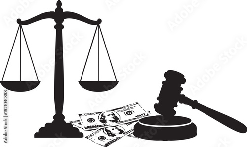 Legal scales silhouette with judge gavel and US dollar bills, concept of corruption, litigation costs and financial justice.
