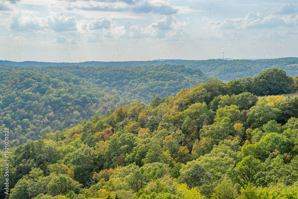 Fototapeta premium Rolling forest hills under partly cloudy sky.