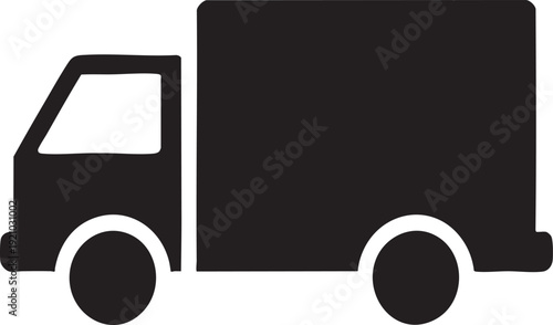 Minimalist black delivery truck silhouette isolated on white, logistics transport and shipping icon for business.