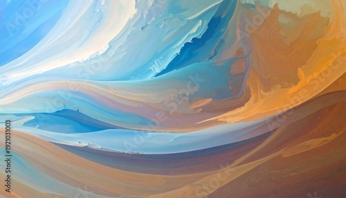 Abstract painting showing flowing curves with shades of blue, brown, tan, and white creating a wave-like impression