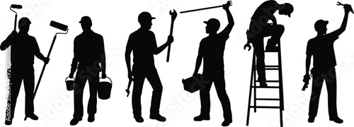Construction workers silhouettes painting repairing ladder set, builders holding tools collection, industrial labor illustration, handyman workforce poses