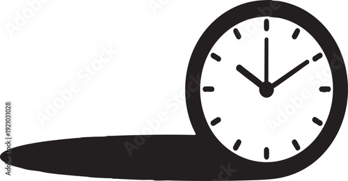 Minimalist Black Clock Silhouette with Long Shadow Isolated on White Background