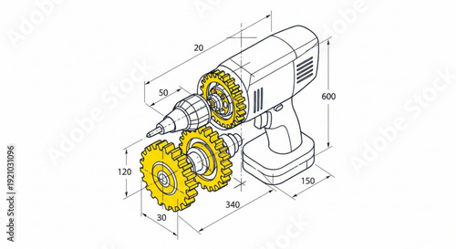Detailed technical drawing of a modified drill press with yellow gear attachments and measurements