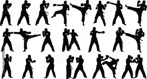 Vector silhouette collection of martial arts fighters demonstrating karate kicks, boxing punches, taekwondo poses, combat training, and self defense movements, isolated on white.