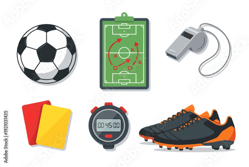 Soccer Tactics Board and Football Equipment Flat Vector Elements Set