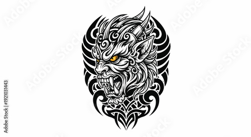 Intricate tribal tiger head illustration with ornate patterns and fierce expression.