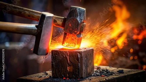 Hammer strikes hot metal cube, sparks fly, with a fiery backdrop