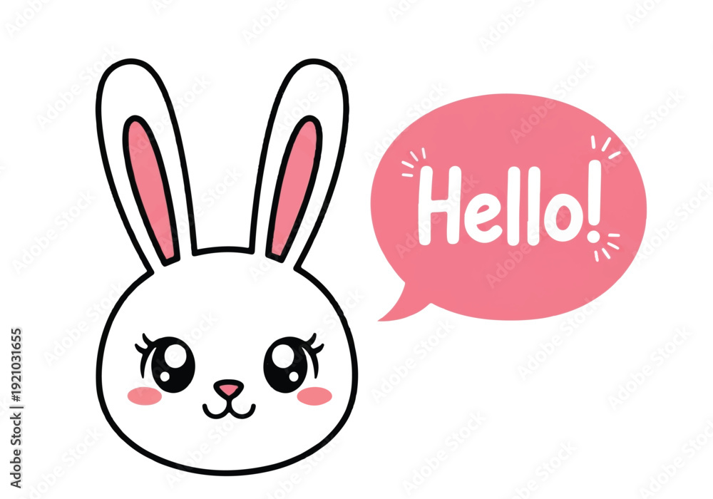 Obraz premium A cute cartoon bunny says hello on a black backgroundraced