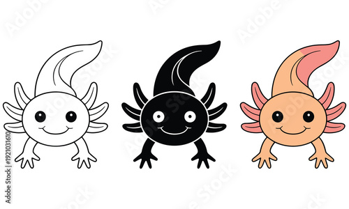 Adorable cartoon axolotl illustration in various stages of coloring showcasing a cute smiling face and unique features