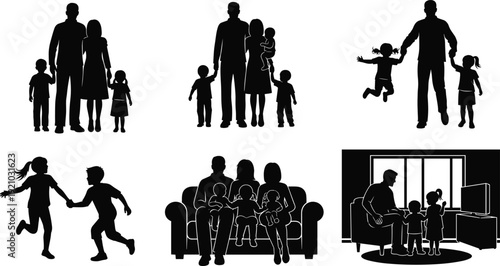 Vector Silhouette Set of Diverse Families Engaging in Activities, Including Parents with Children, Playing Outdoors, and Relaxing Together at Home, Representing Family Life.