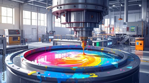 Industrial machine dispensing colorful paint into a large container
