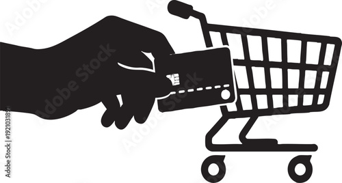 Silhouette Hand Holding Credit Card with Shopping Cart for Online Payment Concept