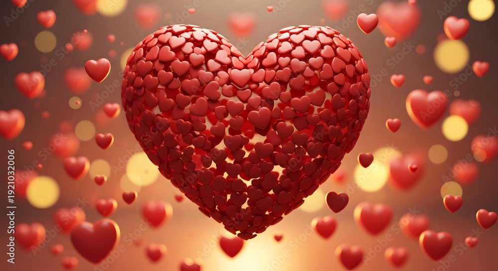 Obraz premium A vibrant heart composed of smaller hearts in a warm, glowing background