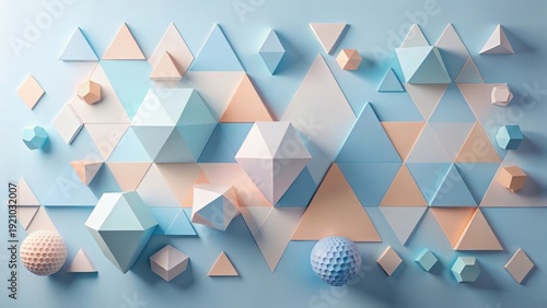 Pastel Geometric Shapes Abstract Background Featuring Triangles, Cubes, and Spheres