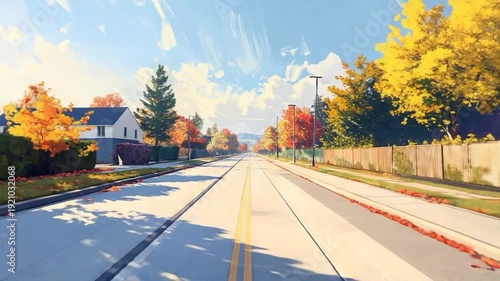 A long suburban street in autumn with yellow and red leafed trees