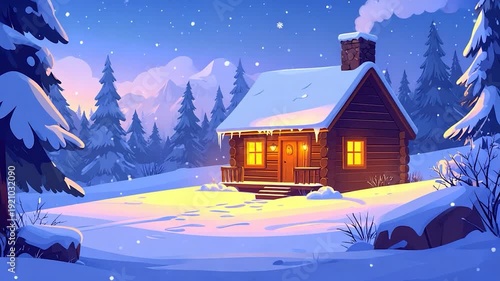 A cozy illuminated cabin sits in a snowy forest scene