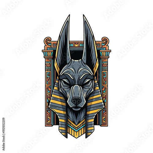 Anubis Egyptian God Vector Illustration with Ornate Frame. Stylized Jackal Head Deity Representing Ancient Mythology & Afterlife.