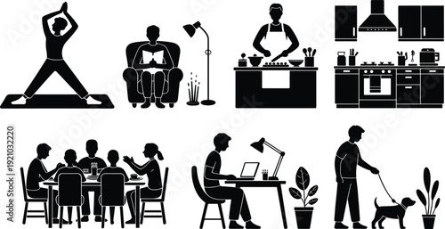 Collection of black silhouette icons depicting male daily routines including yoga practice reading cooking working on laptop and dog walking