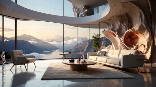Modern living room with mountain views, organic wall, and large windows