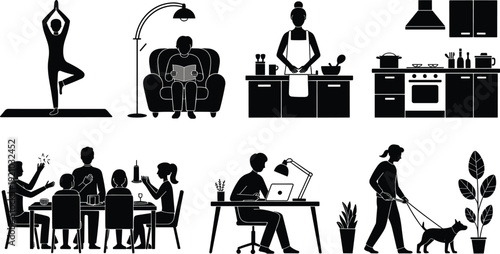 Collection of black silhouette icons showing various daily activities including yoga cooking reading working on laptop and walking a dog