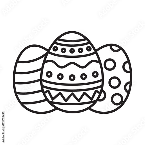 Minimalist line icons of three Easter eggs with editable stroke. Decorative patterns include dots, waves, zigzags, and stripes. Modern outline vector for spring holiday designs.