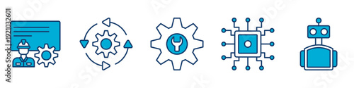 engineering automation icon set collection, for system process concept with icons engineer plan, automation, mechanics, technology, robotics. simple vector blue illustration.