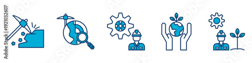 earth engineering icon set collection, for environmental research concept with icons mining, geology, nuclear engineer, agricultural engineer, environmental. simple vector blue illustration.