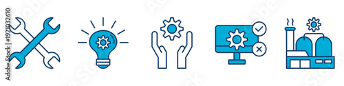 industrial innovation icon set collection, for technical support concept with icons tools, innovation, support, testing, industrial. simple vector blue illustration.