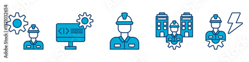 programming engineering icon set collection, for coding profession concept with icons engineer, programming, engineer, civil engineering, electrical engineer. simple vector blue illustration.
