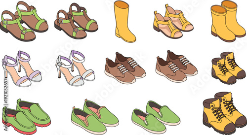 Colorful Footwear Collection Featuring Sandals Boots Heels Sneakers and Casual Shoes Vector Illustration Set