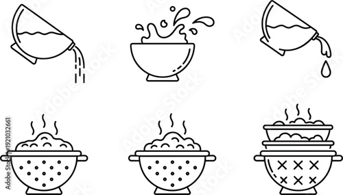Cooking and Food Preparation Line Icons Set Featuring Bowl Strainer and Steaming Dish Vector Collection